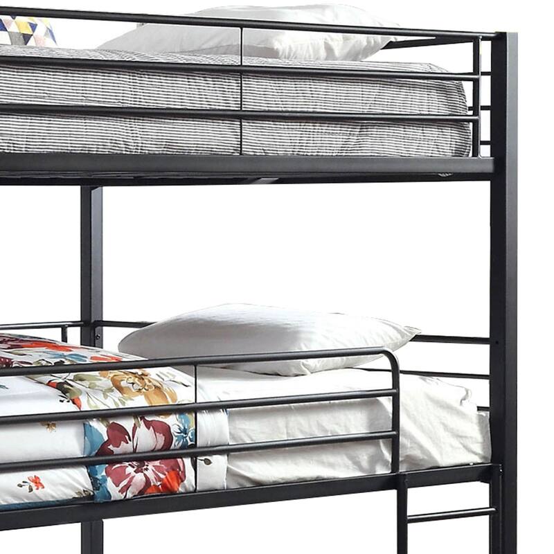 Queen Triple Bunk Bed with Ladder - Metal Frame - 2 Ladders & Guard Rails - Black Finish