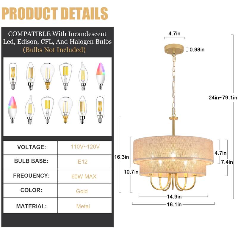 18.1-in 5-Light Farmhouse Rattan Pendant Light with 2-Tier Hand-Woven Drum Shade for multiple rooms