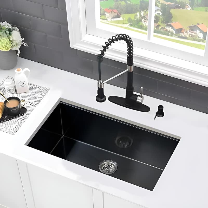 32" Undermount Kitchen Sink, Black/Silver Stainless Steel Workstation with Wooden Board & Accessories