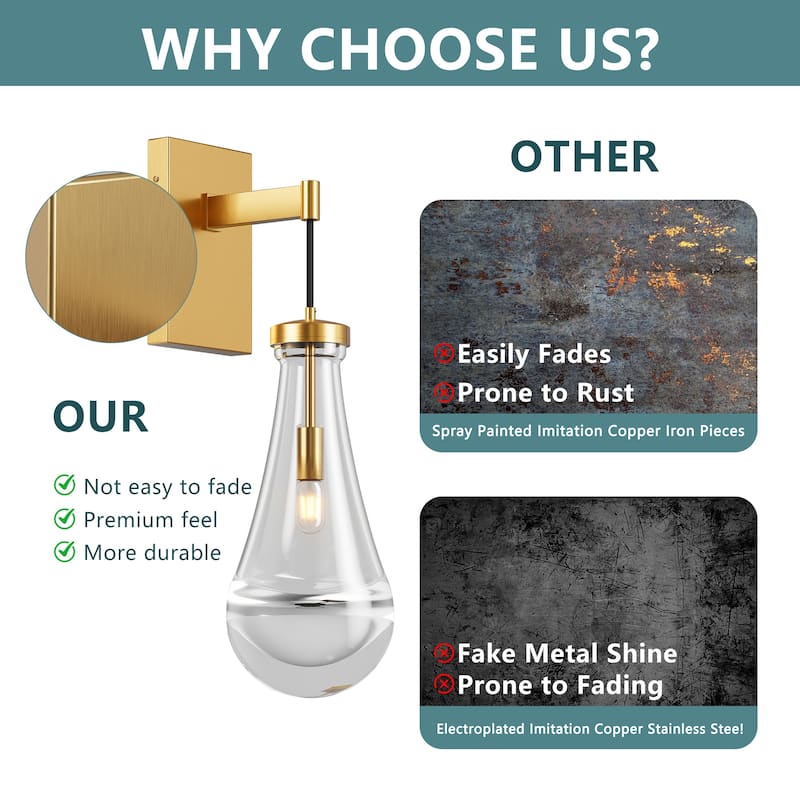 Brass Wall Sconce, Modern Raindrop Glass Shade, Dimmable LED E12 Bulb, Fits Bathroom, Vanity, Living Room, 1 Pack