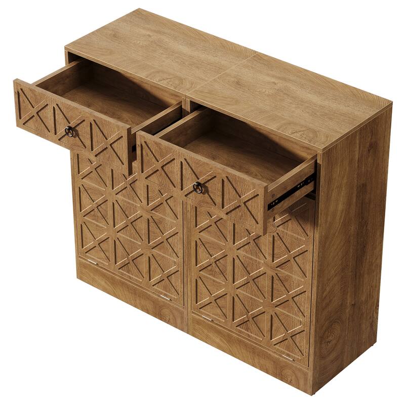 13 Gallon Wooden Fluted Tilt-Out Trash Can Cabinet with Drawer, Hidden Garbage Bin Waste Storage Unit for Kitchen Living Room