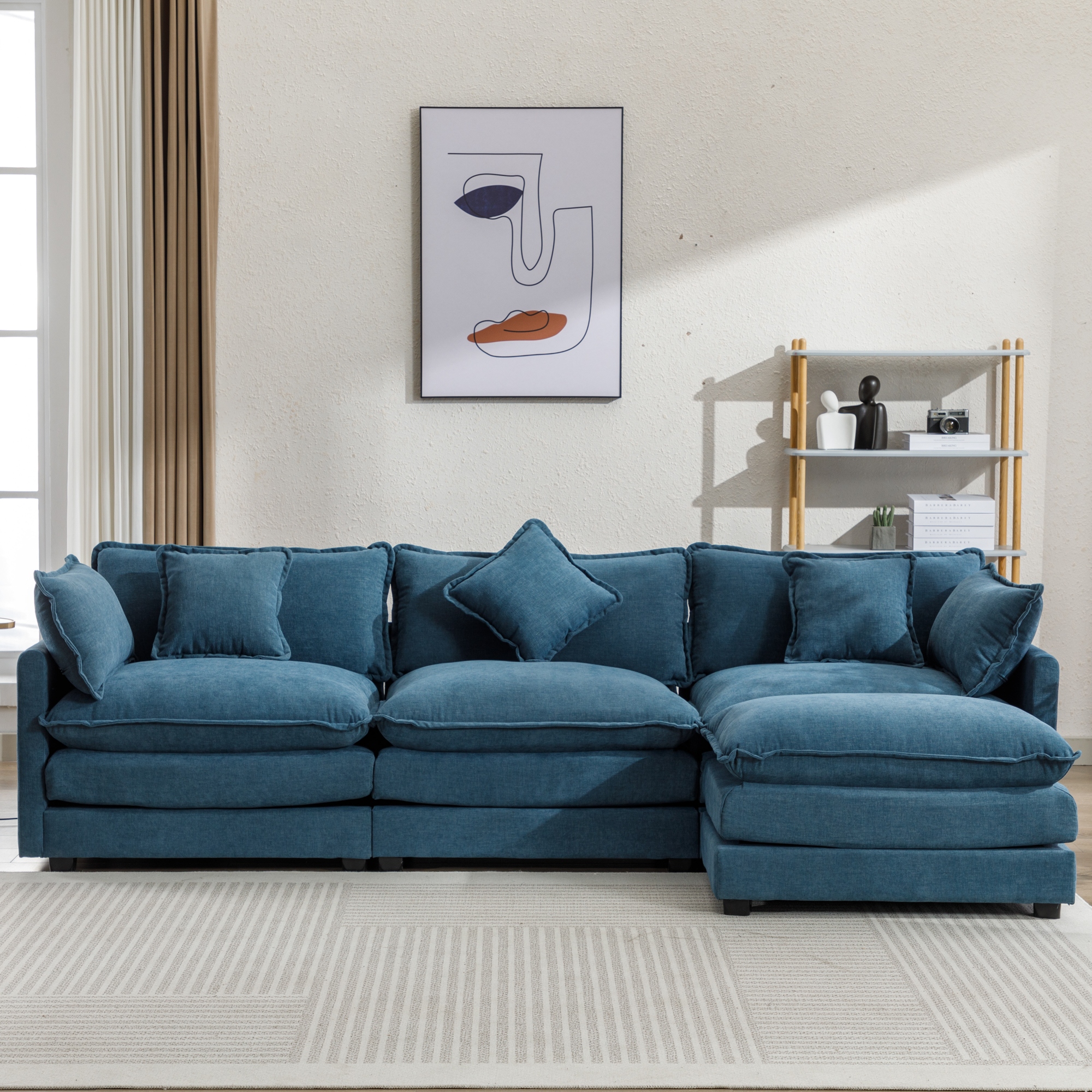 111.4 L Shape Chenille Upholstered Sectional Sofa with Ottoman 5 Pillows Blue