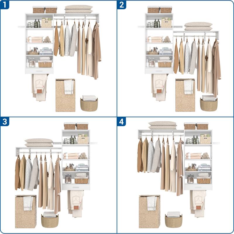 60'' Wall-mounted Closet System with Hanging Rods, Clothing Organizer with Tower Shelves for Laundry Room