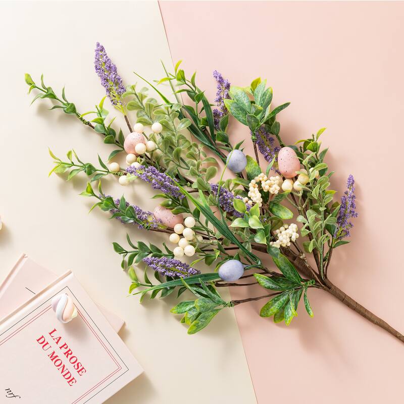 Glitzhome 28"H Set of 2 Easter Eggs Lavender Berries Leaves Picks