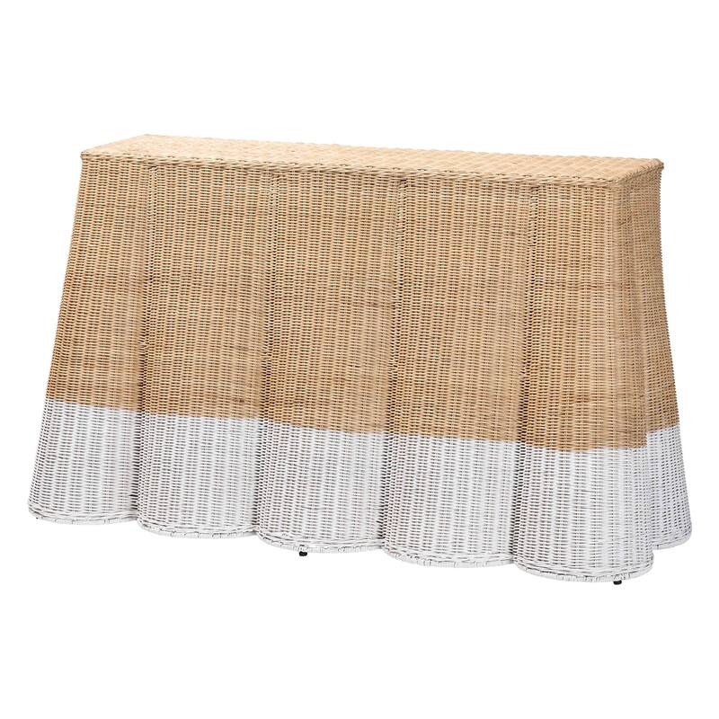 Palm Scallop Natural Rattan Console Table – Handwoven Wicker Accent Table for Hallway or Entryway, Coastal Décor, Rectangle