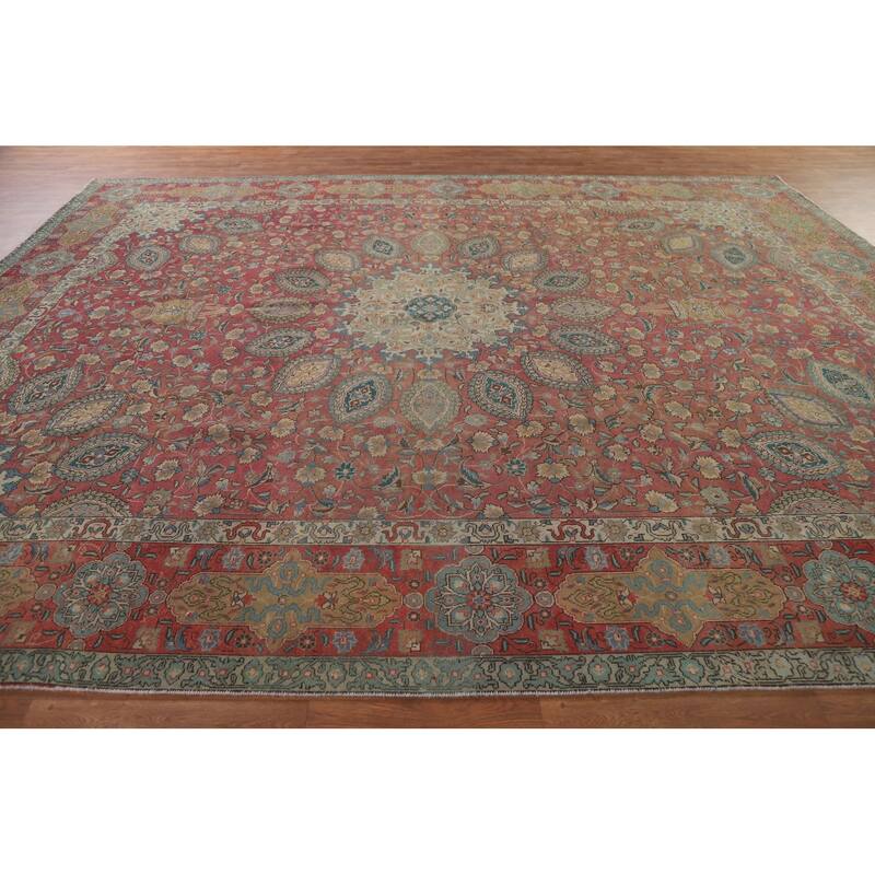Hand Knotted Oriental 100% Wool Carpet Traditional Floral Pink Tabriz Area Rug - 12' 10'' X 9' 11''
