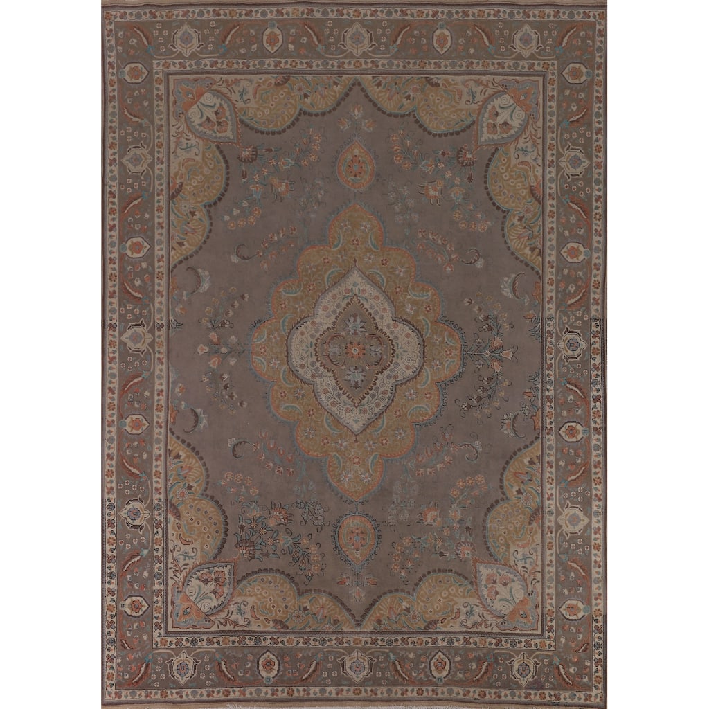 Gray Floral Tabriz Persian Vintage Area Rug Hand-Knotted Wool Carpet - 9'7"x 12'7"