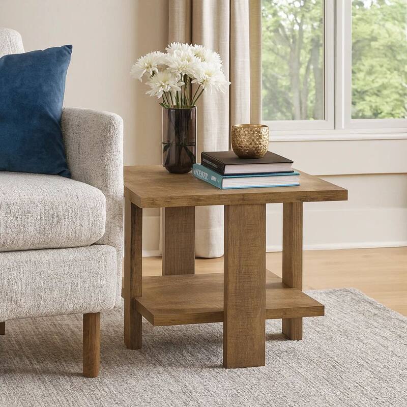 Dew 24 Inch Side End Table with Lower Shelf, Engineered Wood, Mango Brown