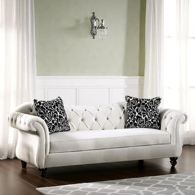 Div 87 Inch Chesterfield Sofa, 2 Pillows, Reverse Camelback, White Velvet