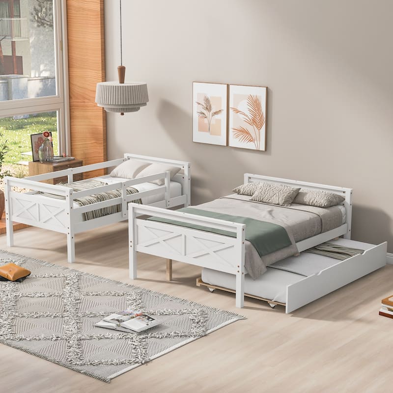 Space-Saving Twin Over Full Bunk Bed with Trundle and Ladder, White