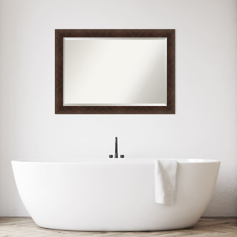 Warm Walnut Beveled Wood Framed Bathroom Vanity Wall Mirror - Warm Walnut