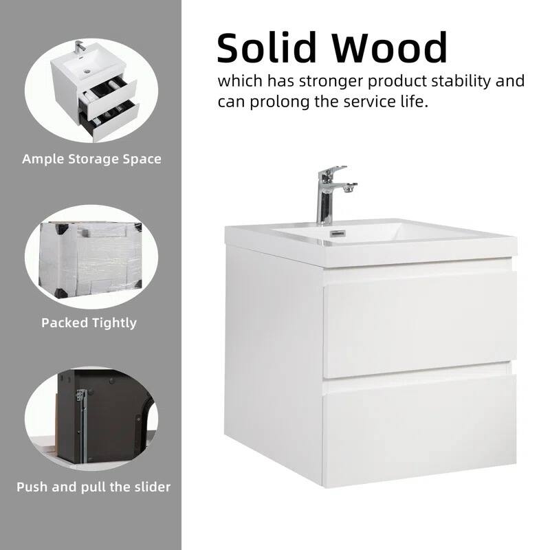 ABRUZZO 24" Floating Single Bathroom Vanity Wall-Mounted with Integrated Resin Top Basin 2 Soft Close Drawers Full Assembly