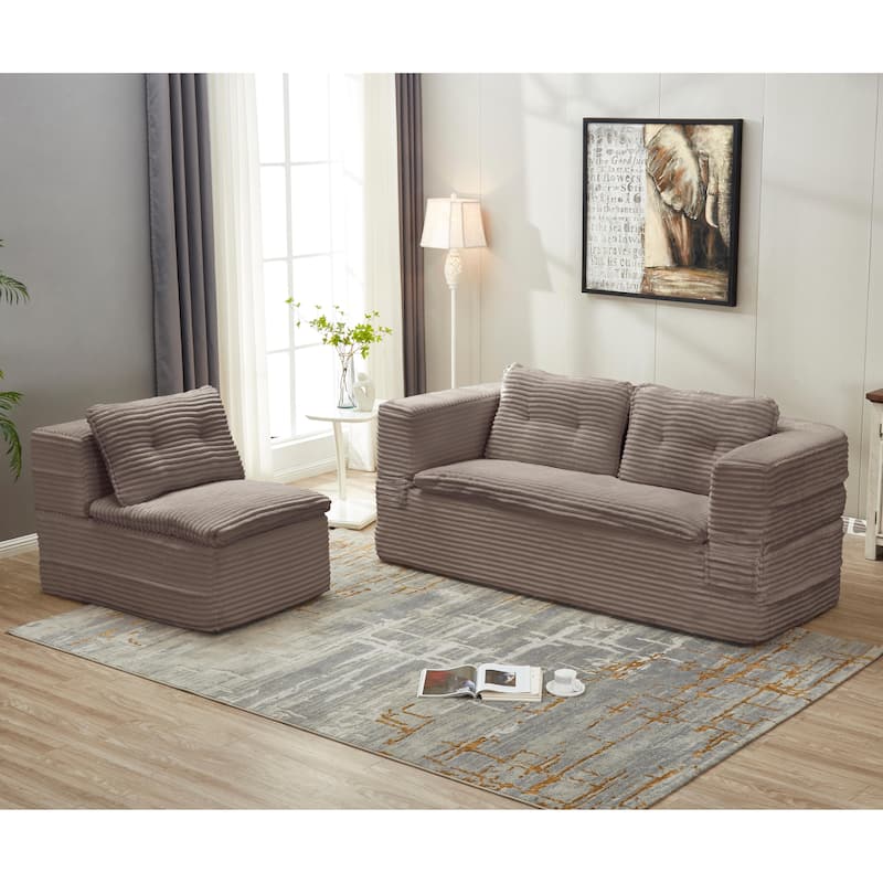 Sleeper Sofa with Chaise Lounge, Convertible Sectional Couch Bed, Corduroy 3-Seat Sofa, Folding Boneless Couch