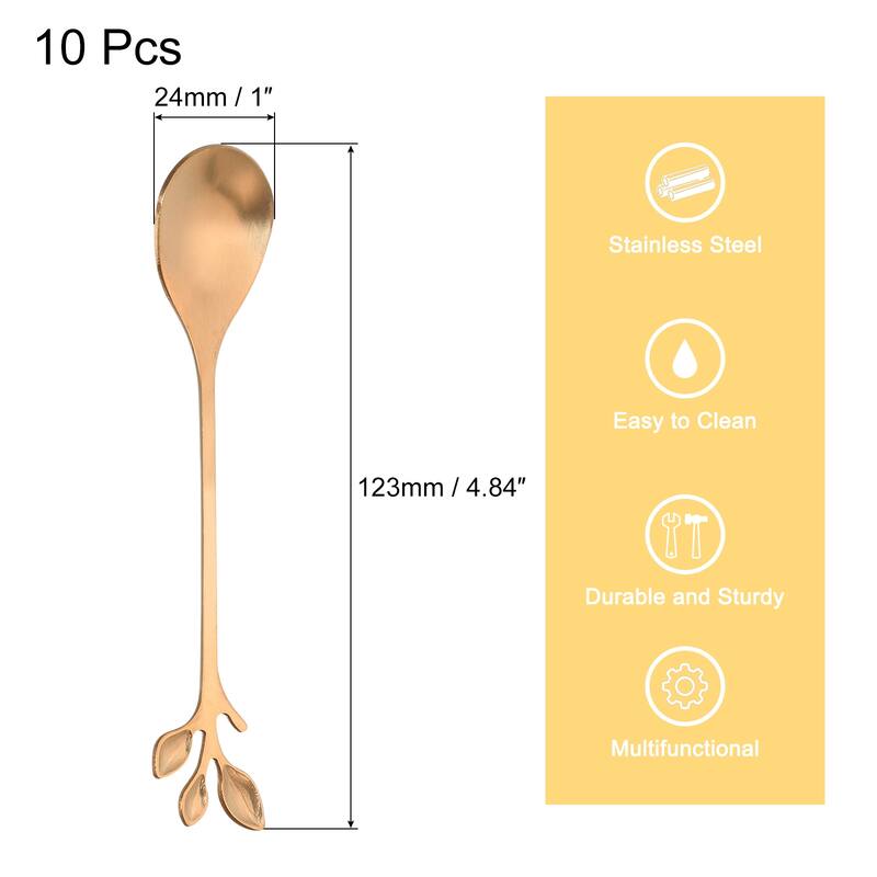 10Pcs 4.8" Stainless Steel Leaf Coffee Spoon Tableware Dessert Spoons - Rose Gold