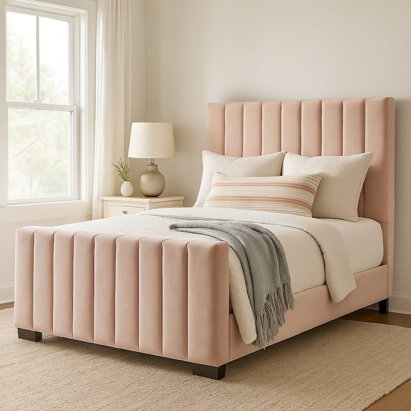 Eva King Bed, Vertical Channel Tufted Blush Pink Velvet Upholstery