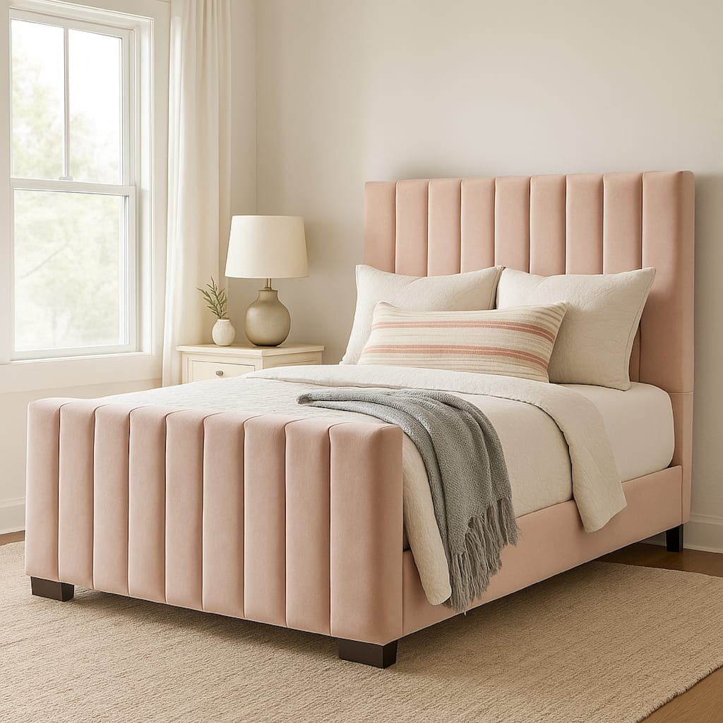 Eva King Bed, Vertical Channel Tufted Blush Pink Velvet Upholstery