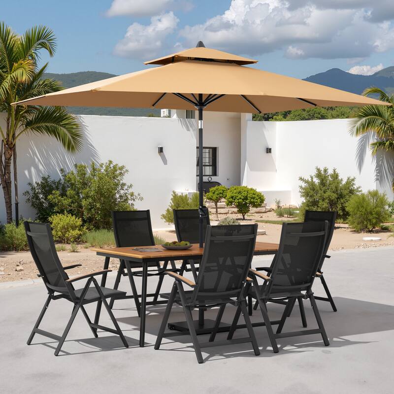 9PC Outdoor Patio Dining Set WoodLike Aluminum Umbrella Hole Table with Folding Chairs,Double Top Market Umbrella and Wheel Base - BrownTable&BlackChairs&TanUmbrella