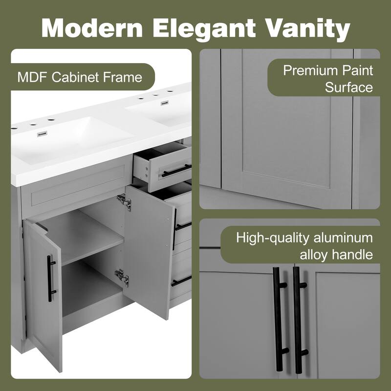 59" Double Sink Bathroom Vanity with SMC Top, Solid Wood Frame & Soft Close Doors, Gray Storage Cabinet