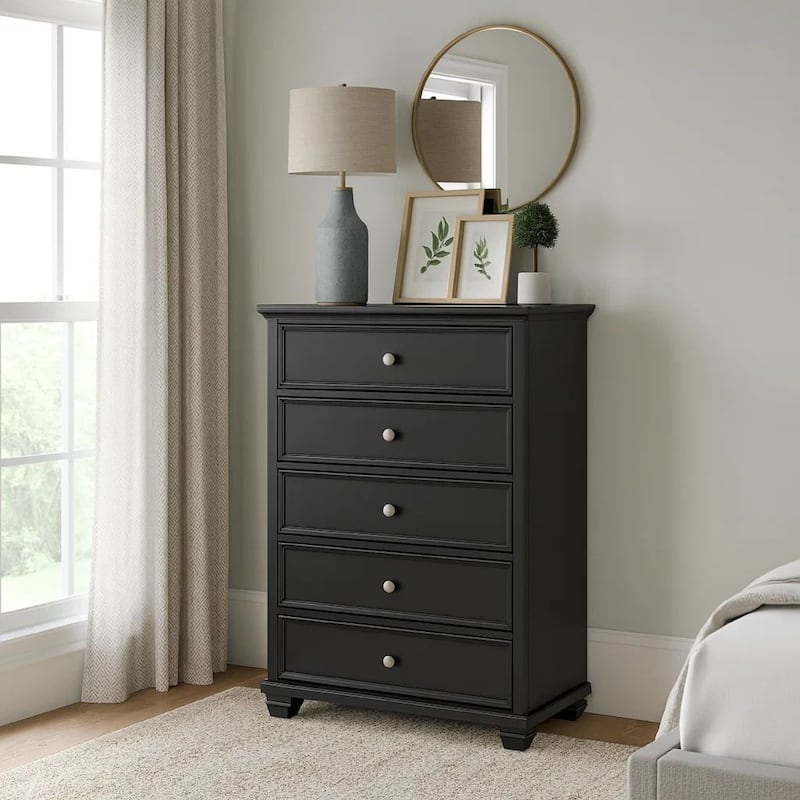 Lemo Tall Dresser Chest, 5 Drawer, Nickel Round Knob, Black Solid Wood