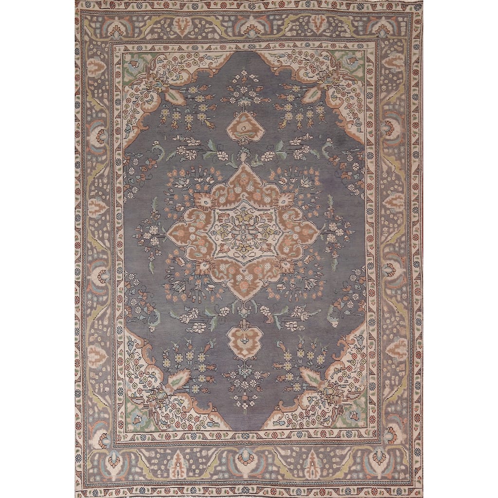 Gray Blue Tabriz Persian Vintage Area Rug Hand-Knotted Wool Carpet - 8'0"x 10'7"