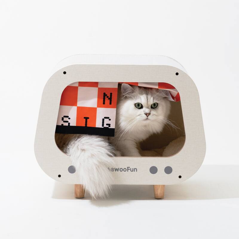 Wooden TV-Shaped Cat Bed, Cat House with Cushion