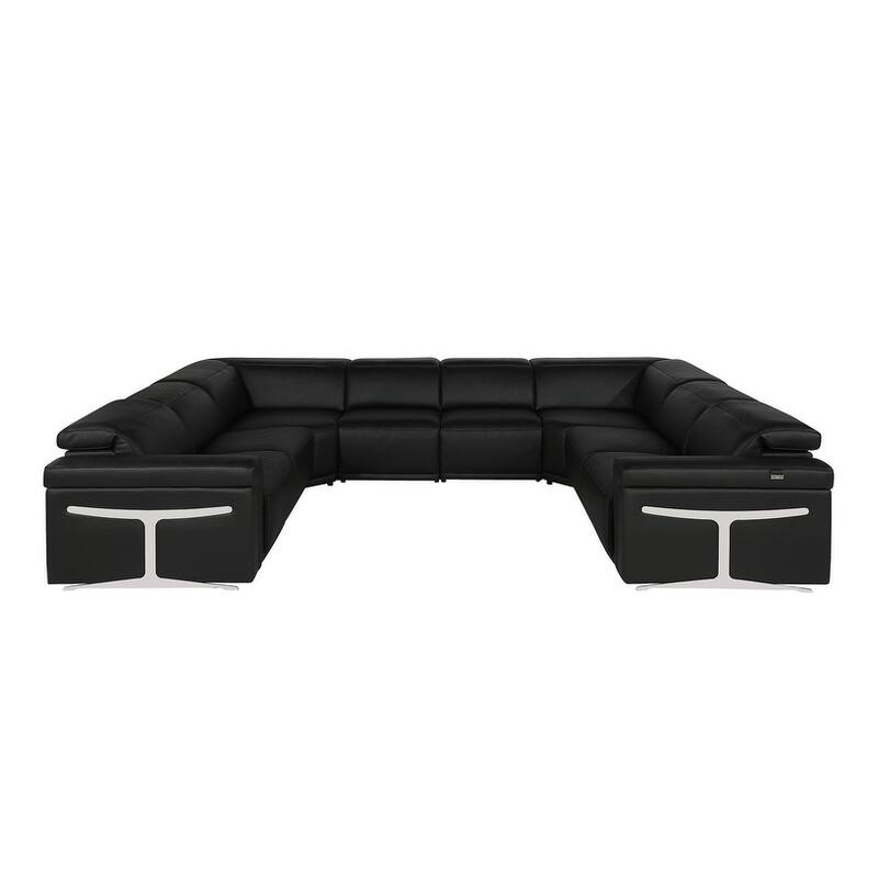 HomeRoots Black Italian Leather Power Reclining U Shaped Eight Piece Corner Sectional With Console
