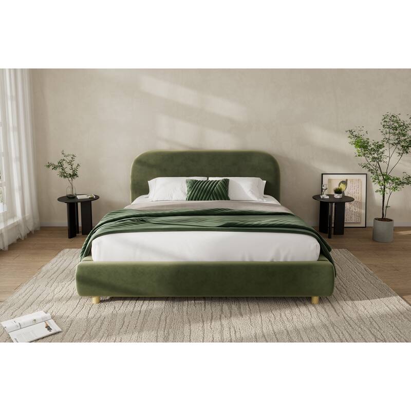 Upholstered Platform Bed Frame with Curved Shaped Headboard, Wood Slats, Wooden Bed Frame with Solid Wood Legs for Teens Adults