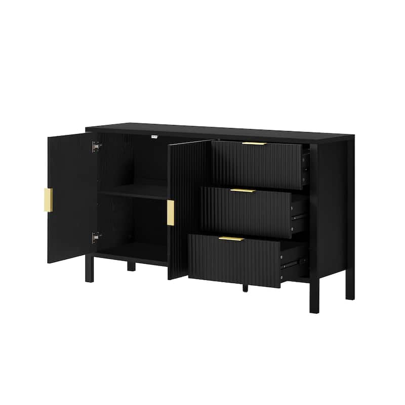 Modern Wave-Pattern Sideboard with 3 Drawers, Large Storage Buffet Cabinet with Hooks and Extra Center Leg, for Living Room