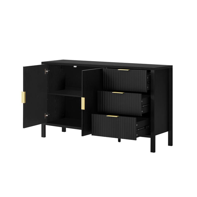 Wave-Pattern Sideboard with Hooks, 2 Doors & 3 Drawers, Large Capacity Buffet Cabinet, Storage Cabinet with Adjustable Shelf