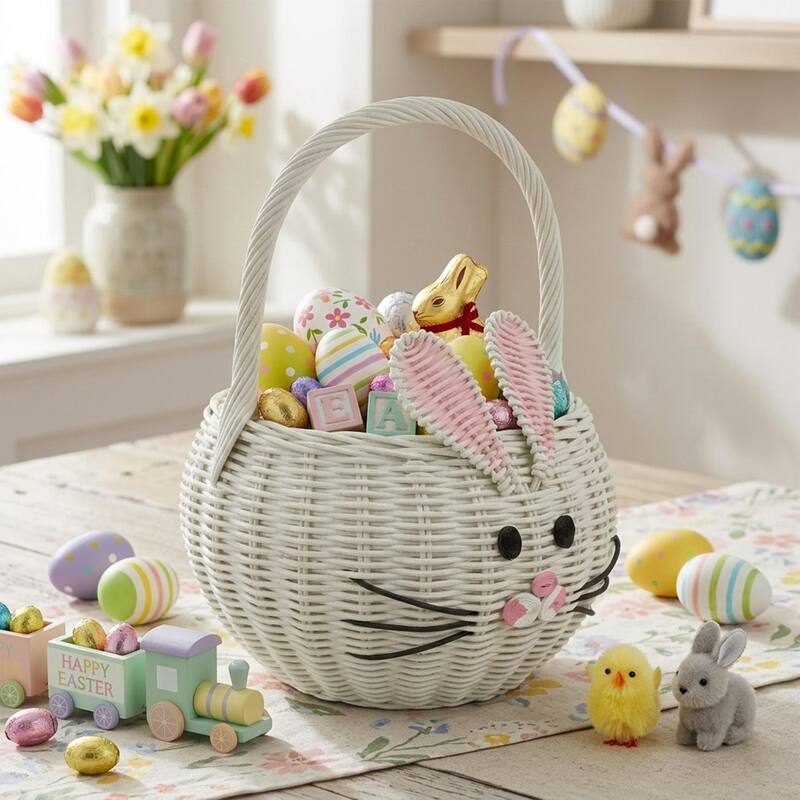 Large Hand Woven Bunny Rattan Wedding Flower Girl Basket Easter Bin Home Decor Cute Handmade Handcrafted Nursery Gift Storage