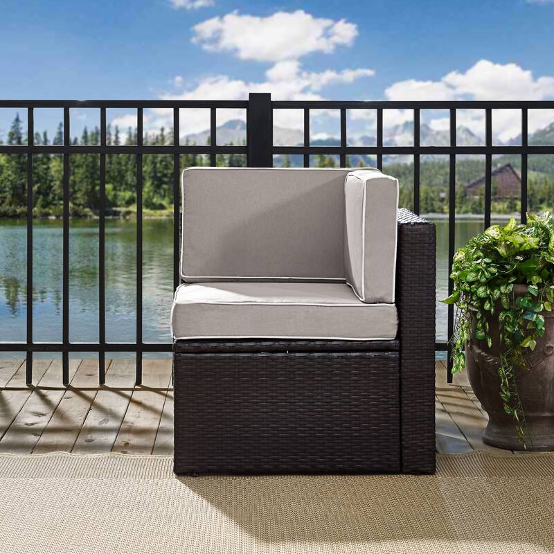 Palm Harbor Outdoor Wicker Corner Chair in Brown with Grey Cushions - 26.5 W x 26.5 D x 30.5 H