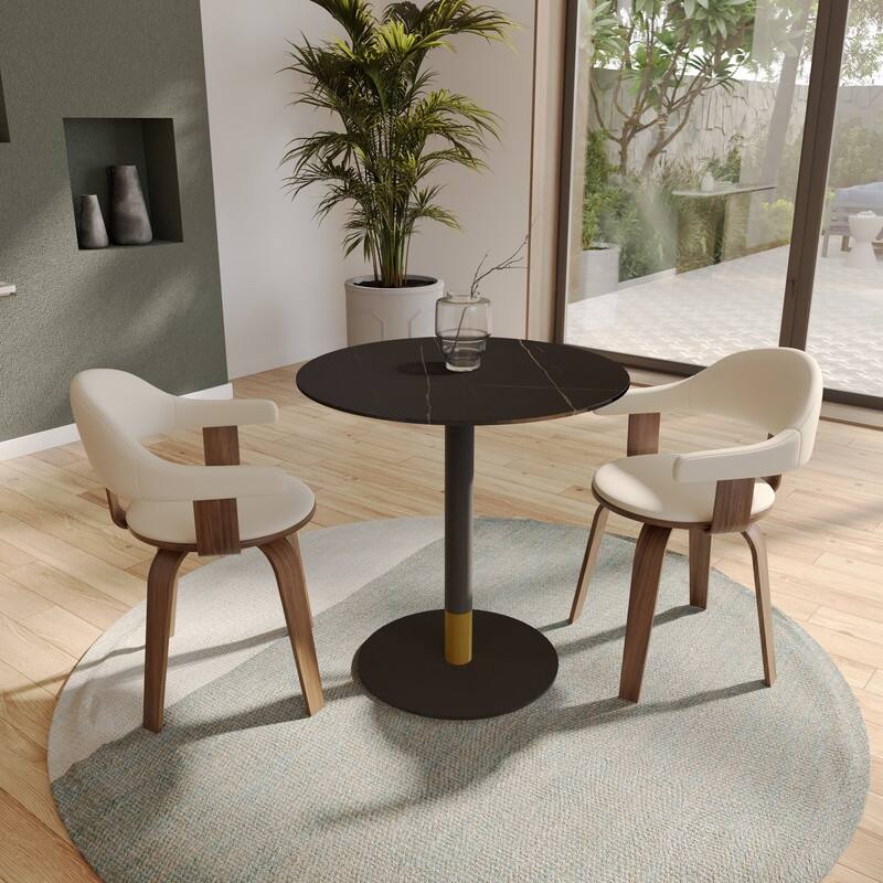 Vail Round Dining Table 36 in. Sintered Stone Tabletop in Black Stainless Steel Round Pedestal Base with Gold Accents