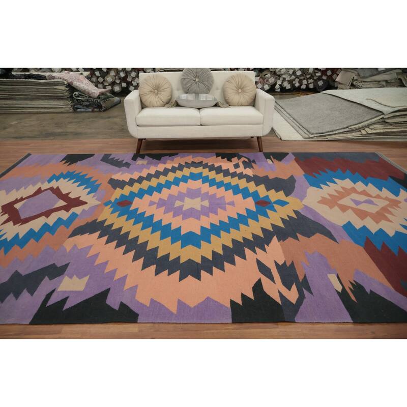 Hand Woven Oriental 100% Wool Carpet Southwestern Tribal Purples Kilim Area Rug - 13' 3'' X 8' 7''