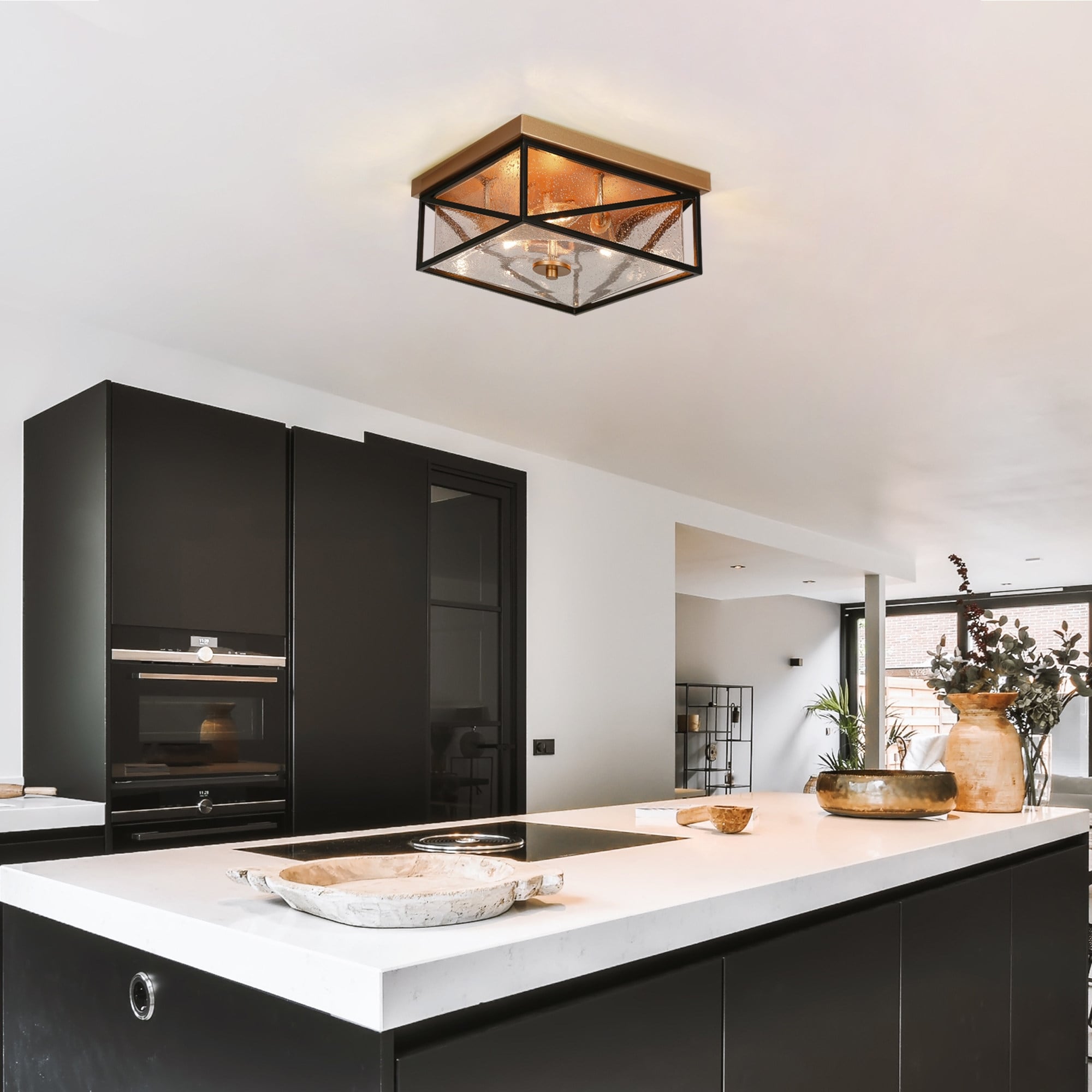 Modern 3-Light Square Black Gold Flush Mount Glass Ceiling