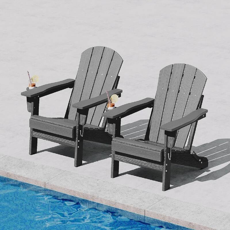 Set of 2 All-Weather HDPE Folding Adirondack Chair For Patios, Decks, Gardens - Grey
