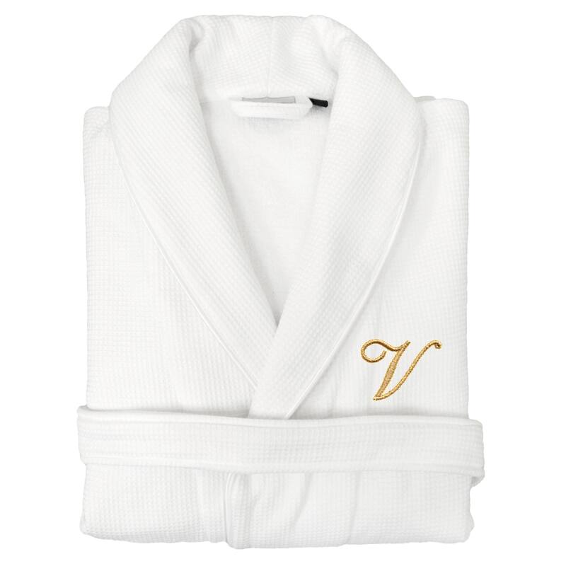 Authentic Hotel and Spa Unisex Gold Monogrammed Turkish Cotton Waffle Weave Terry Bath Robe - S/M - V