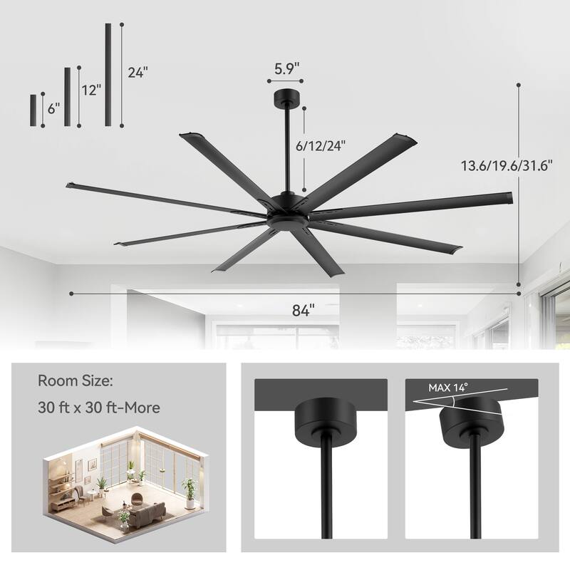Large 72"/84"/96"/120" Black Ceiling Fan with Remote without Light-6/8 Aluminum Blades