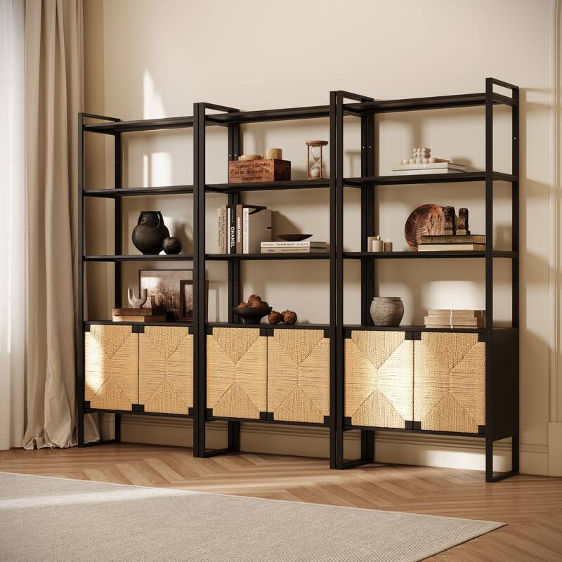 Rattan Cabinet Door Storage Bookshelf, Dual-Function Open Display Shelf with Closed Cabinet for Living Room,Entryway,Bedroom