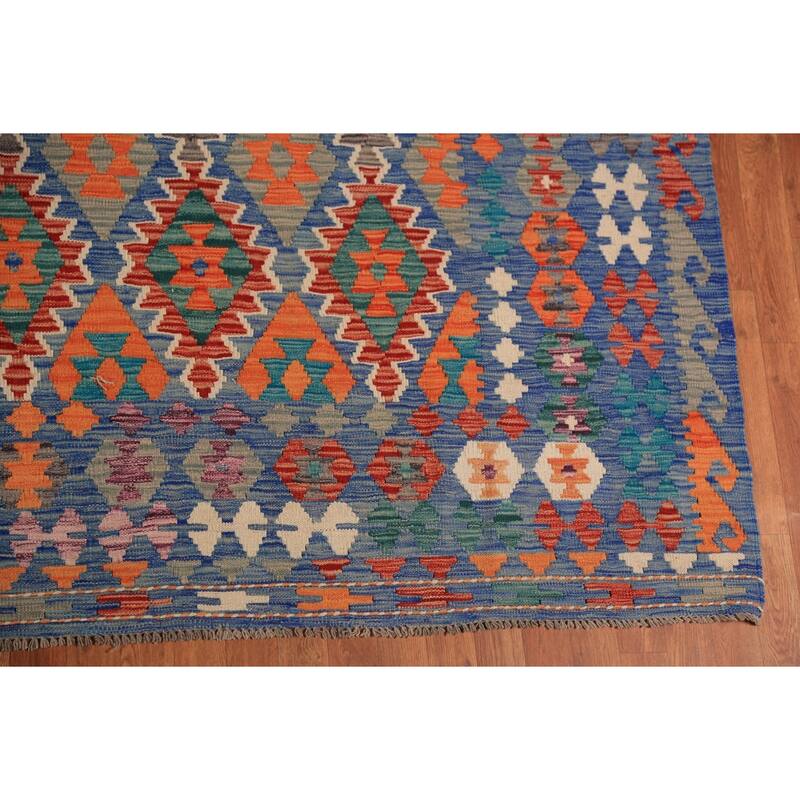 Reversible Blue Kilim Oriental Large Rug Flatweave Wool Carpet - 10'0"x 15'9"