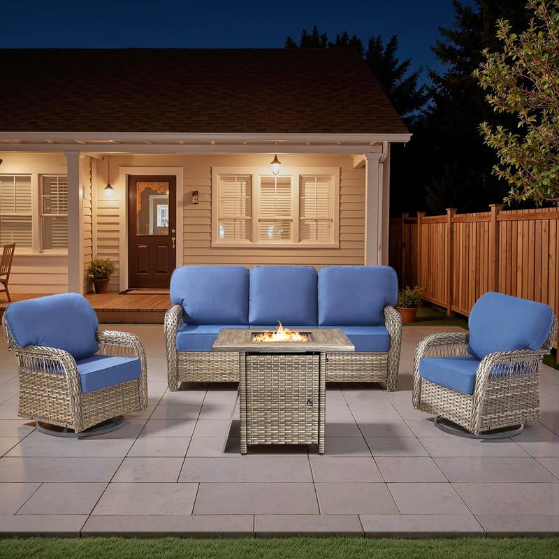 Pocassy Outdoor Sofa Ottoman Swivel Chair Table with Fire Table Funiture Set. - Gray Wicker Blue Cushion - 4-Piece Sofa Swivel Chair w/ Fie Pit Table