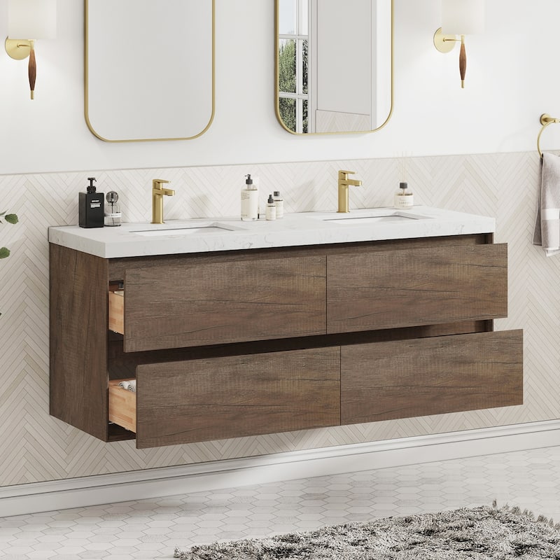 Sylphar 60 inch Bathroom Vanity with Sink, Floating Oak Cabinet with Stone Top