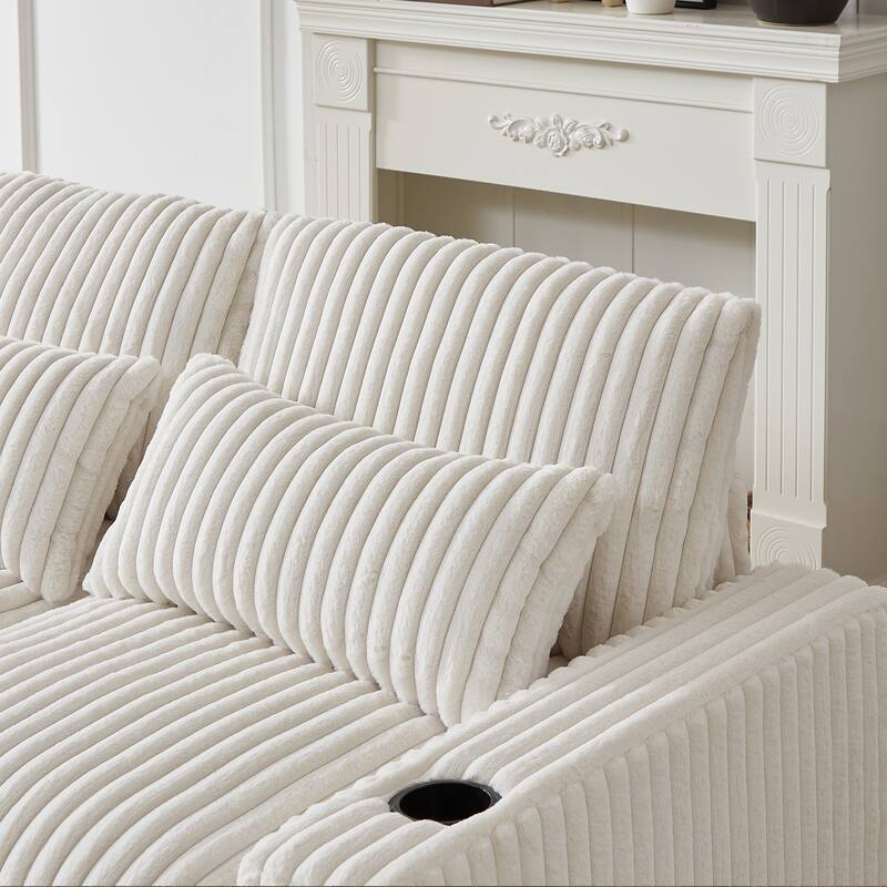 Super Large 126-Inch Corduroy L-Shaped Sofa with Cup Holders, USB Port, Movable Footrest, and 8 Cushions.