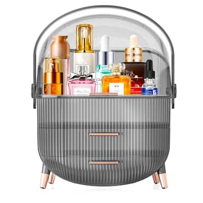 Egg Shape(Oval) Makeup Storage Box, Countertop Portable Vanity Cosmetics Organizer Preppy Style (MBOX-01-ClearBlack)