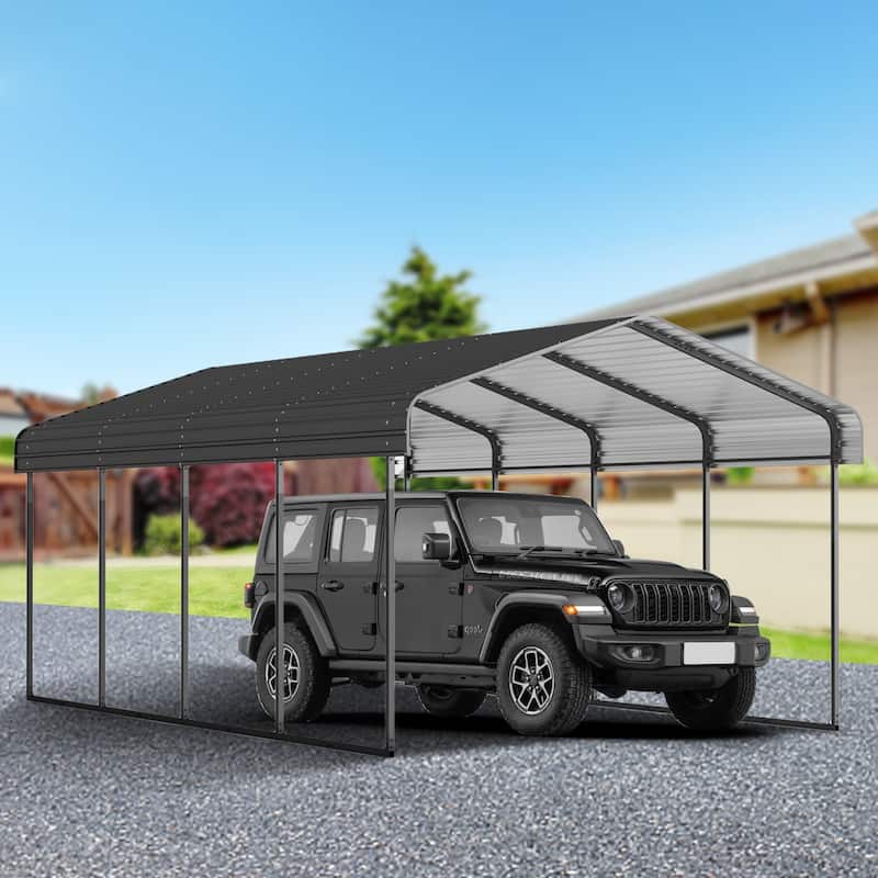 12x20 FT Metal Carport with Enhanced Base and Galvanized Steel Roof - Black