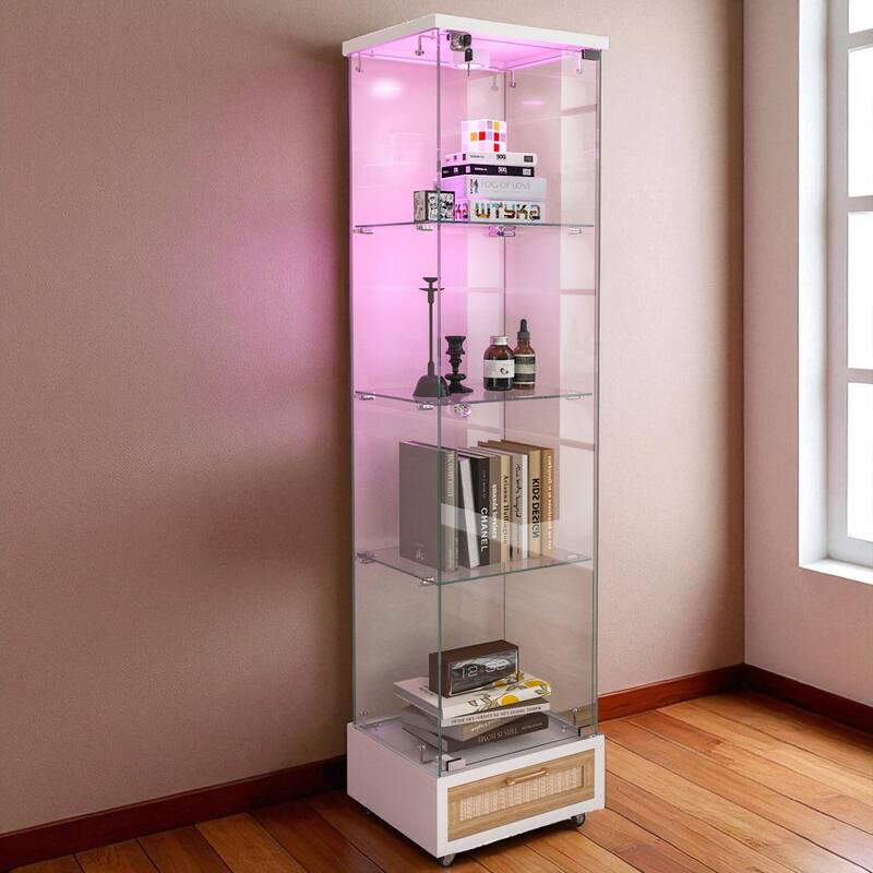 65.9" Modern Glass Display Cabinet with Drawer, LED Lights & 4 Tempered Glass Shelves - Lockable Storage Case