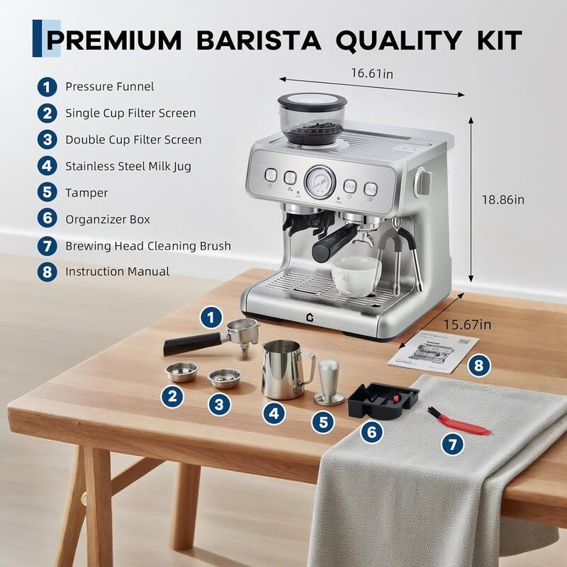 Espresso Coffee Machine with Grinder & 20 Bar Pressure, 2.8L Removable Water Tank, Silver