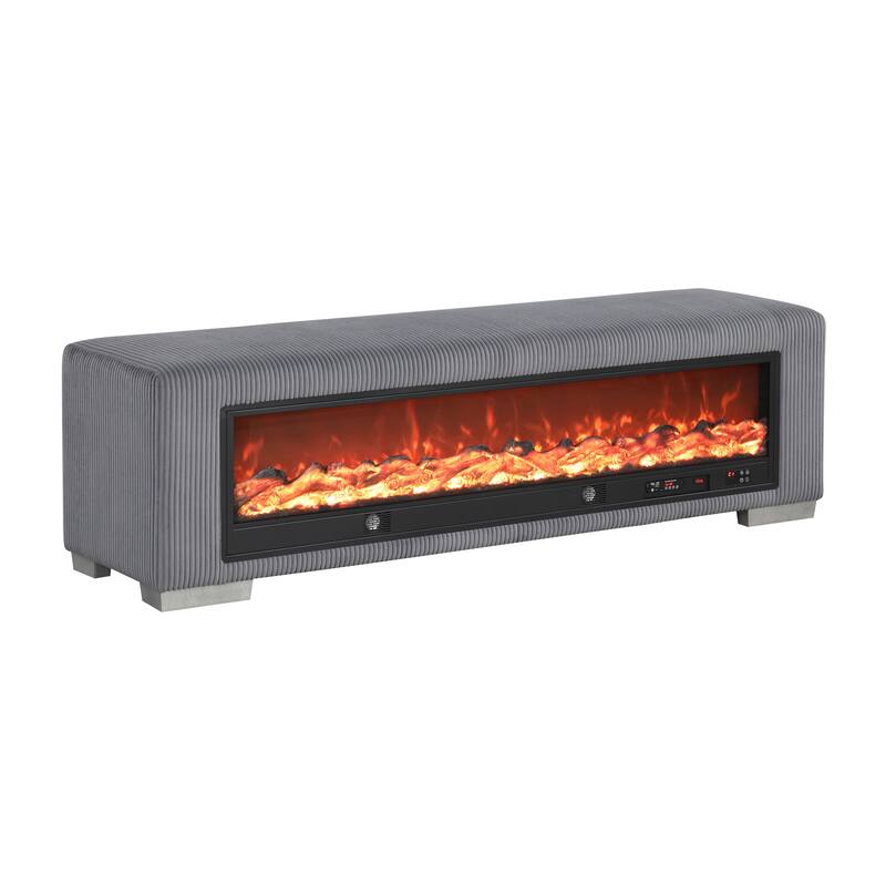 Furniture of America Goffney Chenille Bench with Fireplace Simulator and Bluetooth Audio