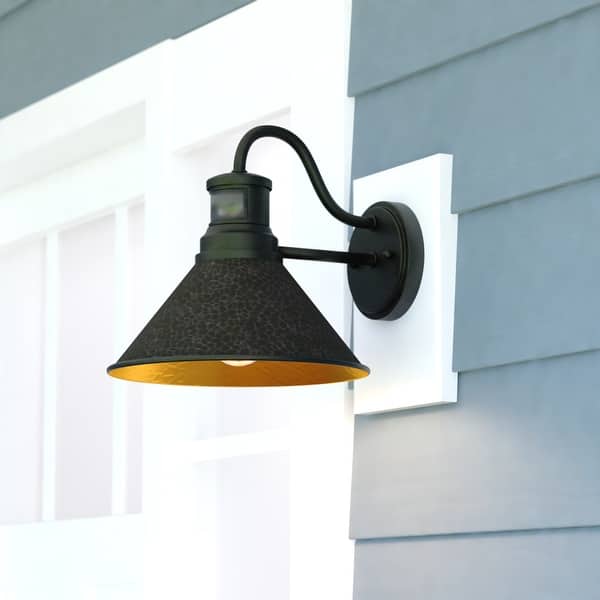 slide 2 of 17, Outland Hammered Metal Rustic Bronze Motion Sensor Dusk to Dawn Outdoor Wall Light Aged Iron and Light Gold - 10-in W x 9.5-in H x 11.75-in D