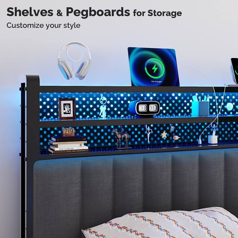 Adjustable Upholstered Headboard with 3 Tier Shelves with Charging Stations and LED Lights, Modern Bed Headboard with Storage