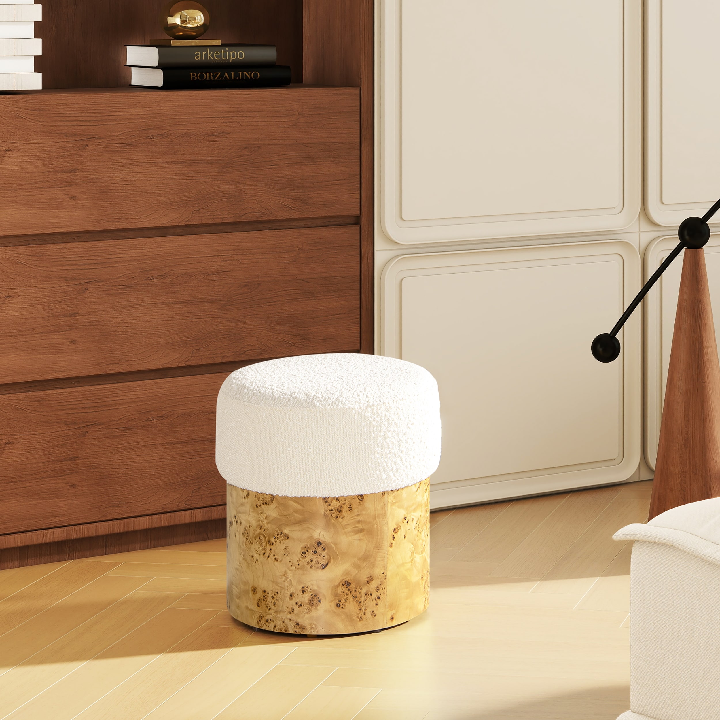 Nebula 16.5" Boucle Round Ottoman with Burl Wood Base